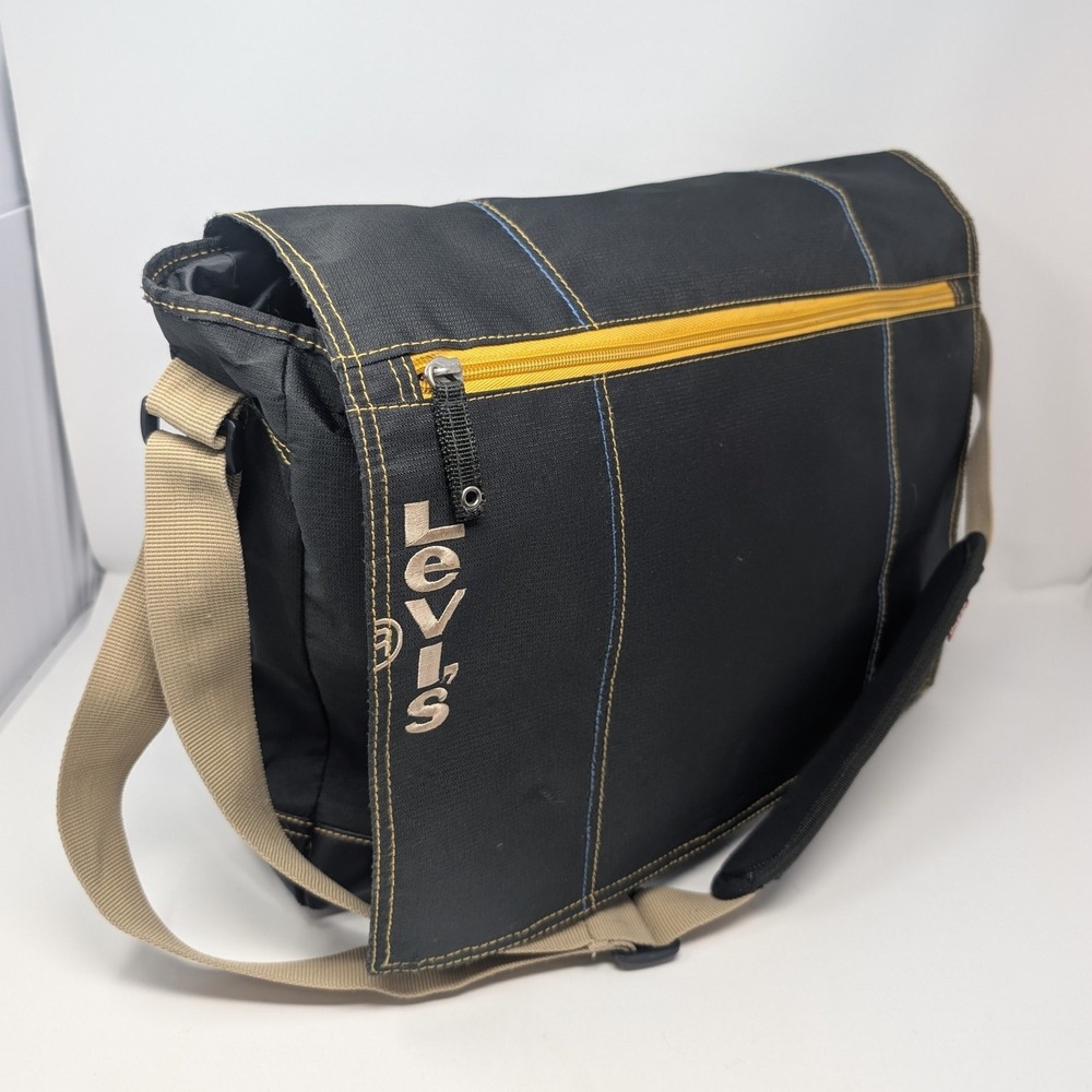 Levis Messenger Bag Black Canvas Vegan Leather Laptop Pouch Shoulder Strap